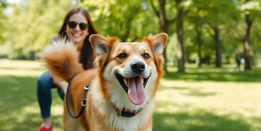 Happy dog on a walk with a friendly walker.