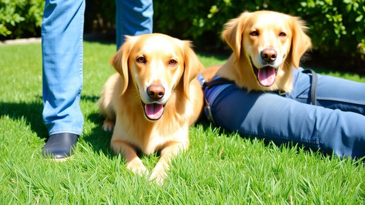 Dog and owner training on a sunny green lawn
