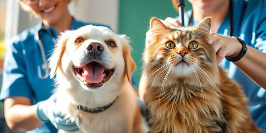 Happy dog and cat being groomed by a professional.
