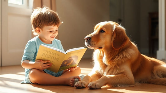 Child reads book to friendly dog