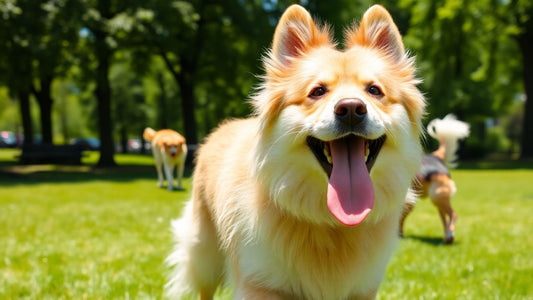 Happy dogs playing fetch in a sunny park.