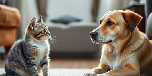 Cat and dog looking at each other in a living room.