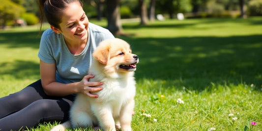 Happy puppy learning with trainer in Rose Bay park.