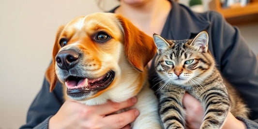 Happy dog and cat cuddled with a smiling pet sitter.