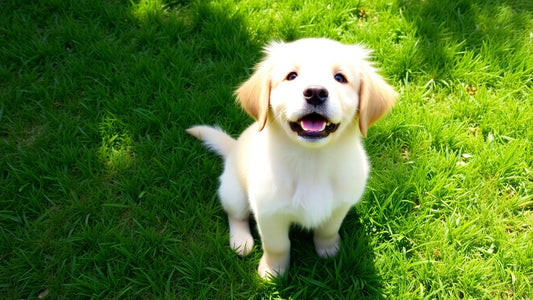 Happy golden retriever puppy on green grass
