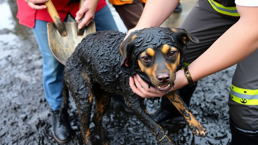 Dog rescued from tar by kind people and emergency services.