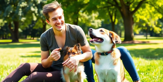 Happy dog performing a trick with trainer.