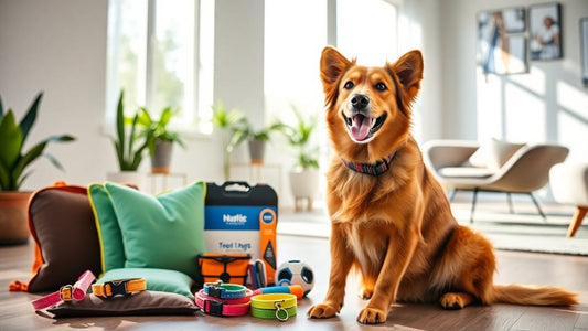 Aussie dog with pads, collars, and training kits