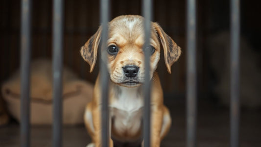 Sad puppy in a shelter kennel.