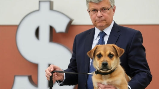 Puppy with leash and NSW government official, dollar sign.