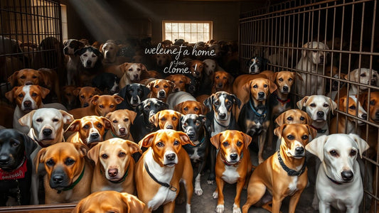 Overcrowded dog shelter with many dogs in kennels.