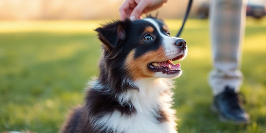 Aussie dog learning a new command in a park.