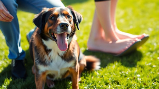 Dog sitting attentively with owner on green grass