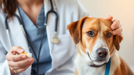 Dog with vet, discussing anxiety treatment options.