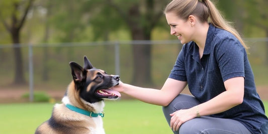 Happy dog and owner during training session.