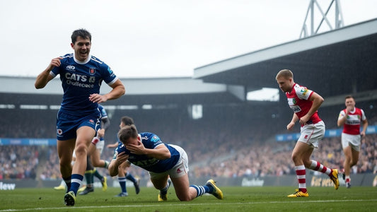 Cats players celebrate try as Bulldogs look on in rain.