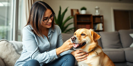 Professional working in Sydney with a happy dog.
