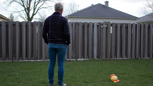 Empty backyard after dogs stolen, owner looks distressed.