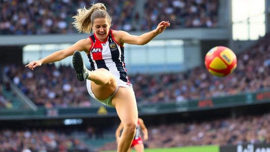 AFLW player [Elaine Grigg] kicks a spectacular goal in mid-air.