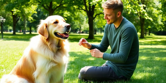 Happy dog and handler training outdoors