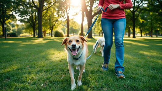 Person and dog walking on leash in park