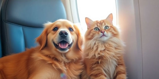Dog and cat happily looking out airplane window.