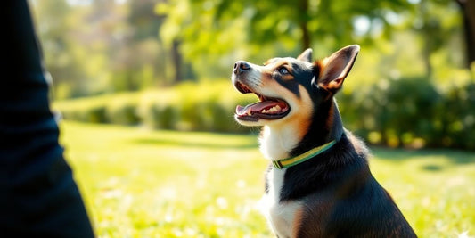 Happy dog performing a trick with a trainer.