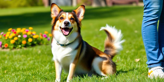 Happy dog sits with owner in park