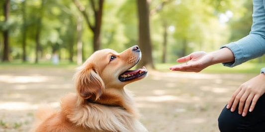 Happy dog performing a trick with trainer.