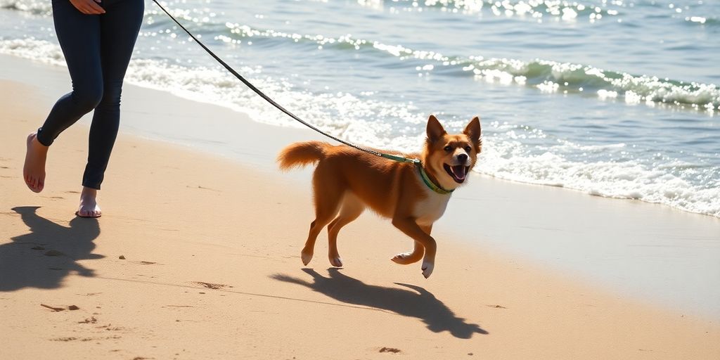 Happy dog on Bondi Beach with lead.