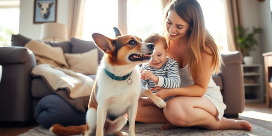Parent and child caring for a happy dog in a Sydney home.