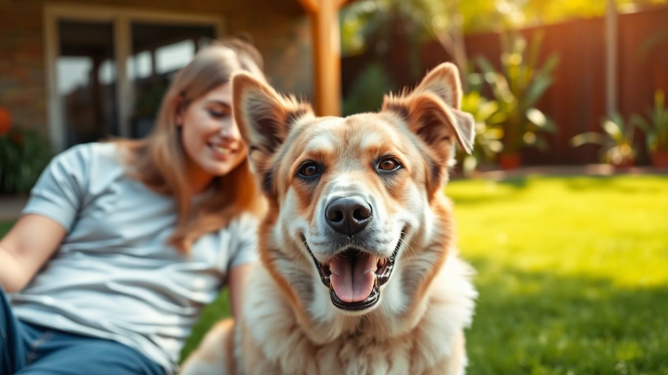 Calm dog and owner in sunny Australian backyard