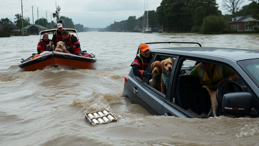 Rescuers save people and pets from floodwaters.