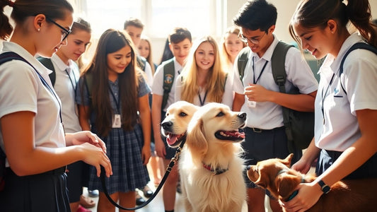 Teenagers happily training and caring for dogs.