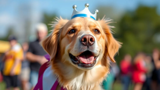 Happy dog wearing a ribbon, crowned champion.
