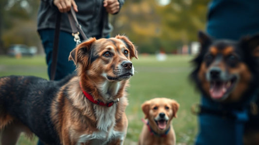 Worried owner with agitated dog in park.