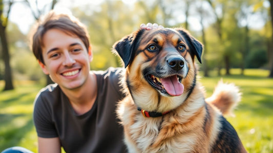 Dog and owner enjoying park time, harmonious bond.