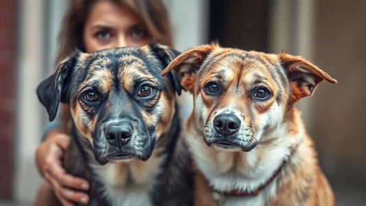 Dog owner and dog looking concerned.