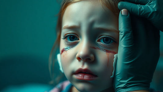 Young girl with facial injuries after dog attack.