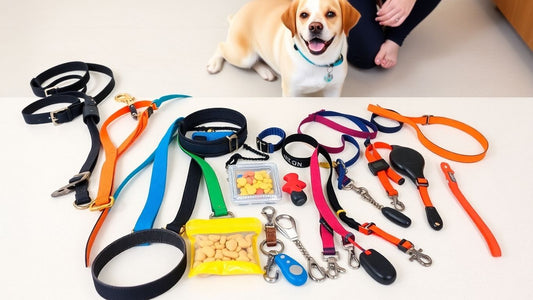 Dog training equipment and tools with a happy dog.