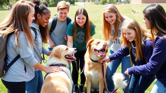 Students happily training dogs in a canine careers program.
