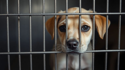 Sad puppy in shelter kennel looking distressed.