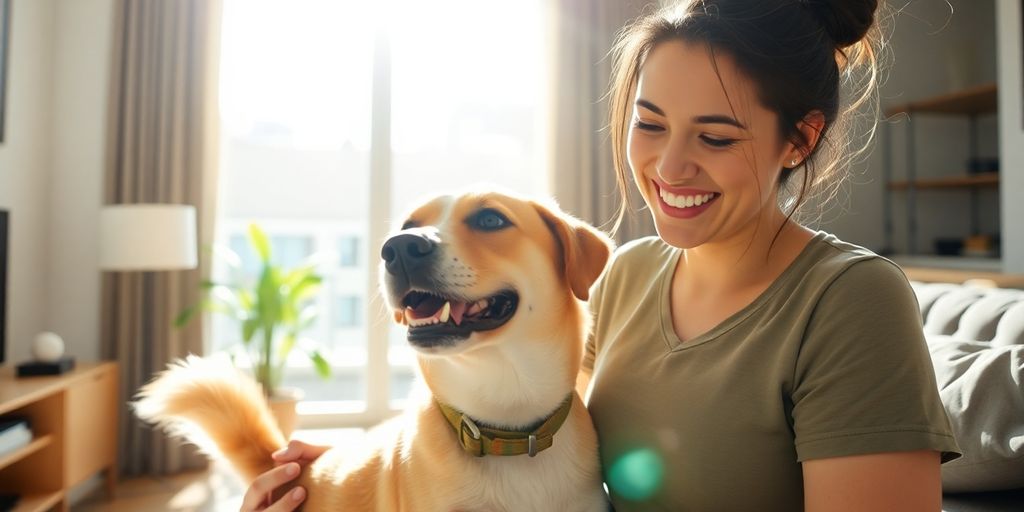 Happy dog playing with owner before work.