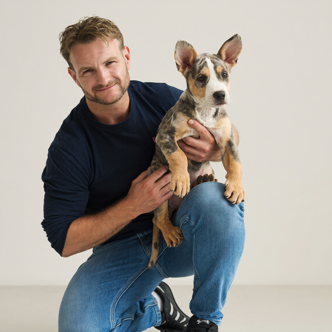 A man kneeling on a light studio floor, holding a small spotted puppy. The man is wearing a dark navy long-sleeve shirt and blue jeans, and the puppy has a mottled cream, brown, and black coat.