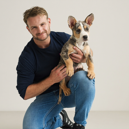 A man kneeling on a light studio floor, holding a small spotted puppy. The man is wearing a dark navy long-sleeve shirt and blue jeans, and the puppy has a mottled cream, brown, and black coat.