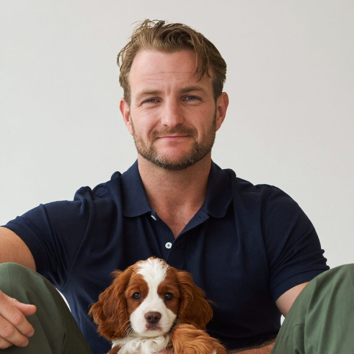 A man sitting on the floor wearing a navy polo shirt and olive green pants, holding a brown and white spaniel puppy against a plain light gray background.