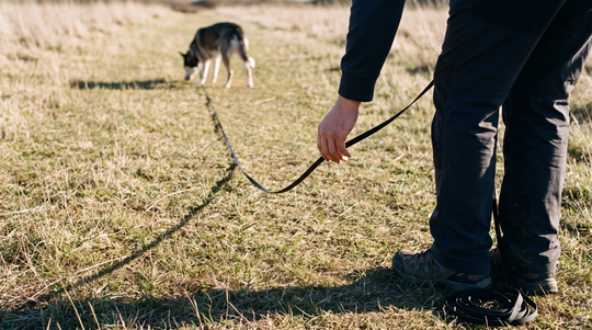 Handler feeding out a slack ten metre long line to a dog at distance during owner anxiety dog reactivity work